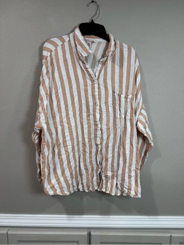 Victoria Secret Striped Wide-Leg Pajama Set- Beige & White - Image 2