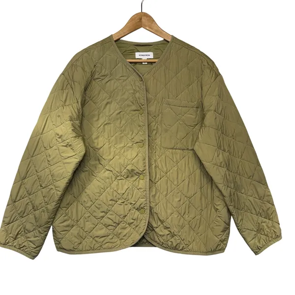 Nordstrom Quilted Liner Jacket‎ Medium Olive Green Diamond Stitch Snap Front - Image 2