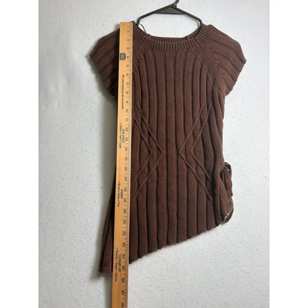 Zara Womens Brown Ribbed Asymmetrical Side Tie Short Sleeve Knit Top Small - Image 9