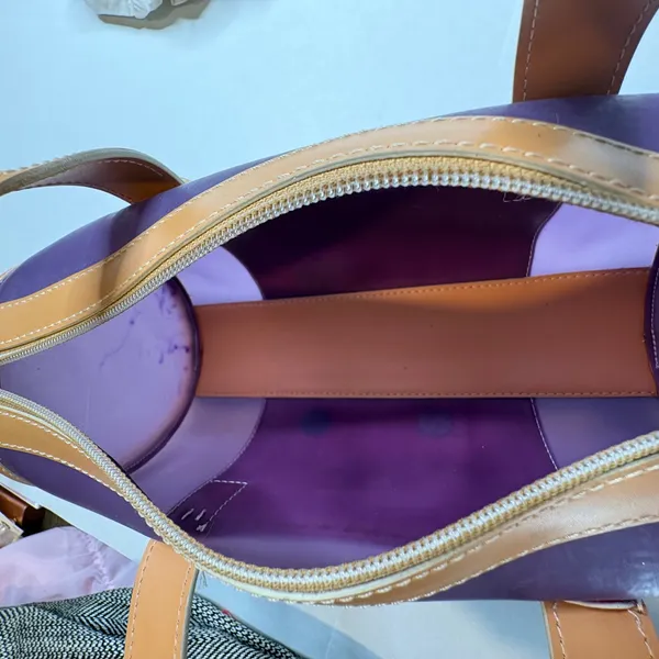 MAXX NEW YORK‎ Barrel Handbag Purple Clear Vinyl Tan Leather Top Handle Bag - Image 9