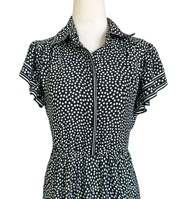Max Studio Black Polka Dots Collared Blouson Midi Dress Women Size XS | 28-1 - Image 3
