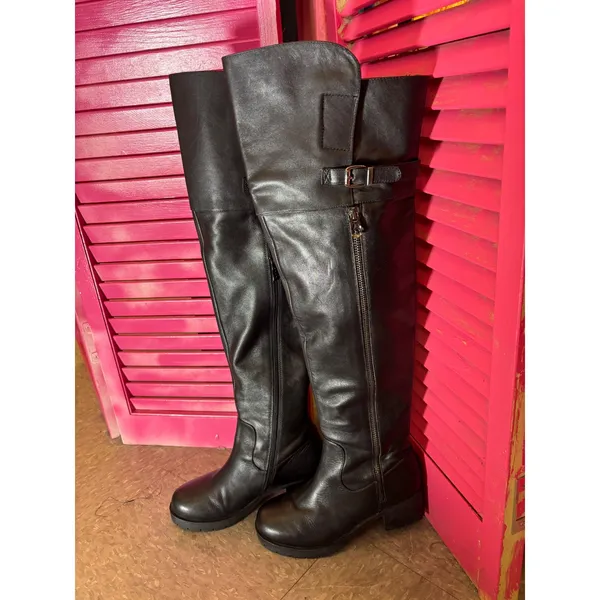 Tata Black Leather Over The Knee Boots Buckle Detail Low Block Heel Tall Boots - Image 2