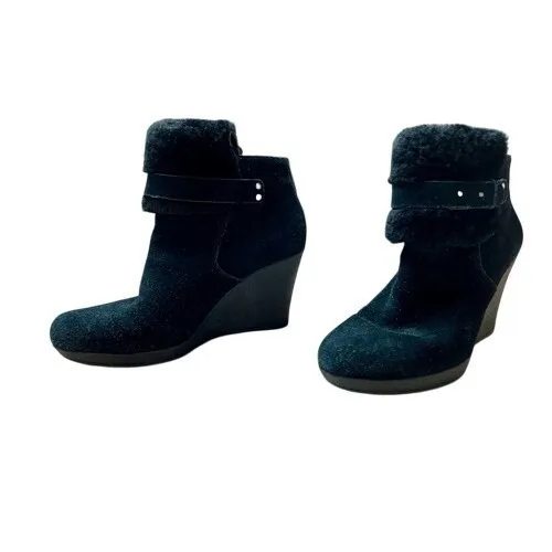 UGG Antonia Black Suede Fur Cuffed Wedge Boot Bootie 9 Quiet Luxury Casual Chic‎ - Image 2