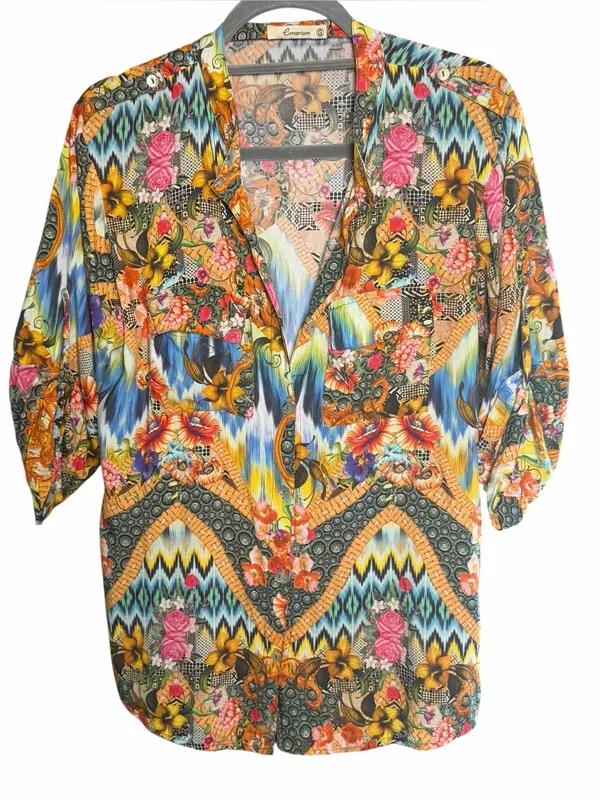 Brazilian 100% Viscose Mixed Print Boho Art Blouse Floral Eclectic L Dopamine - Image 3