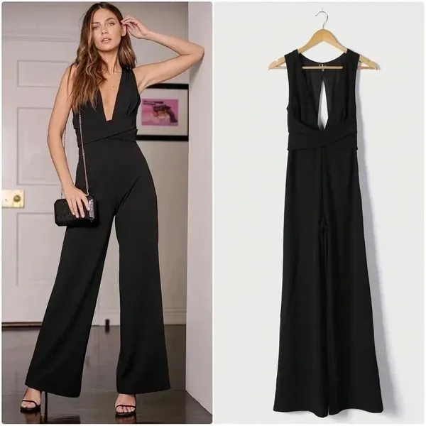 Lulus Make Memories Black Plunge Sleeveless Wide-Leg Jumpsuit Size Small - Image 2