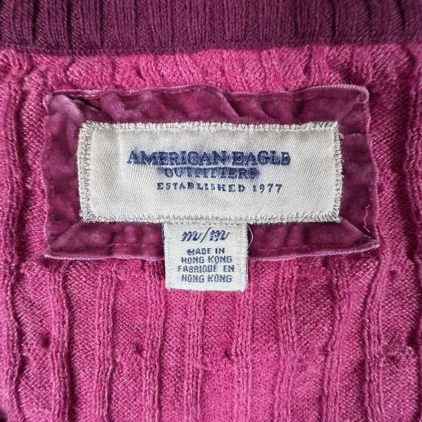 Y2K American Eagle V Neck Fitted Cable Knit Pink Sweater Bella Womens Medium - Image 4