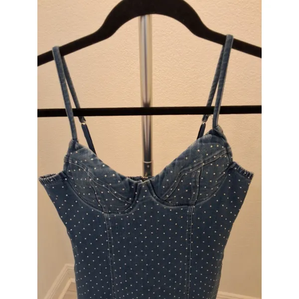 IRIS Polka Dot Sleeveless Zip Size M Adjustable Straps Jewel Cubic Jean Bodycon - Image 2