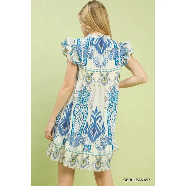Umgee Mix Ruffle Sleeve‎ Boho Print Dress - Cerulean Mix - Small - Image 3