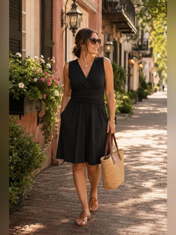 Athleta Jura Sleeveless Black V Neck Empire Waist Pocket Dress Women's M L Tall - Image 2