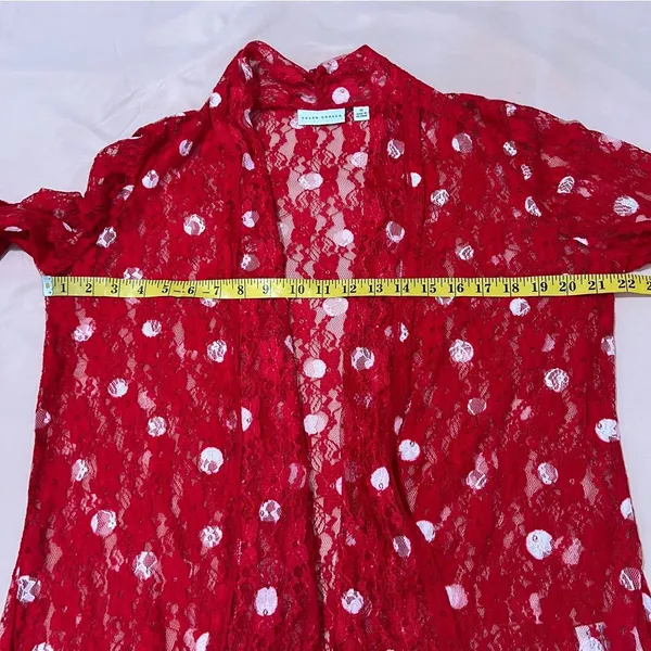 Susan Graver Red Lace White Polka Dot Scoop Neck Tank Sheer Open Cardigan‎ Set - Image 8