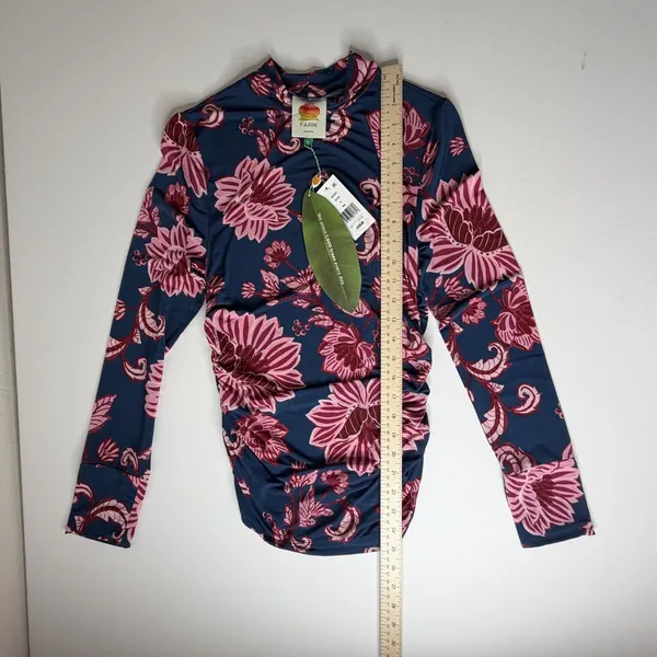 NWT Farm Rio‎ Flower Delicacy Dark Blue Floral Jersey Top Small Ruched Tropical - Image 9