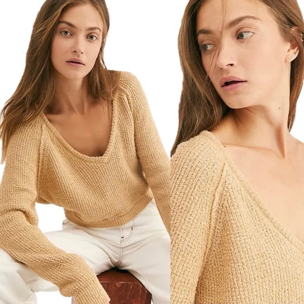 Free People V-Neck High Low Slouchy‎ Cropped Textured Knit Sweater Camel Size XS - Image 3