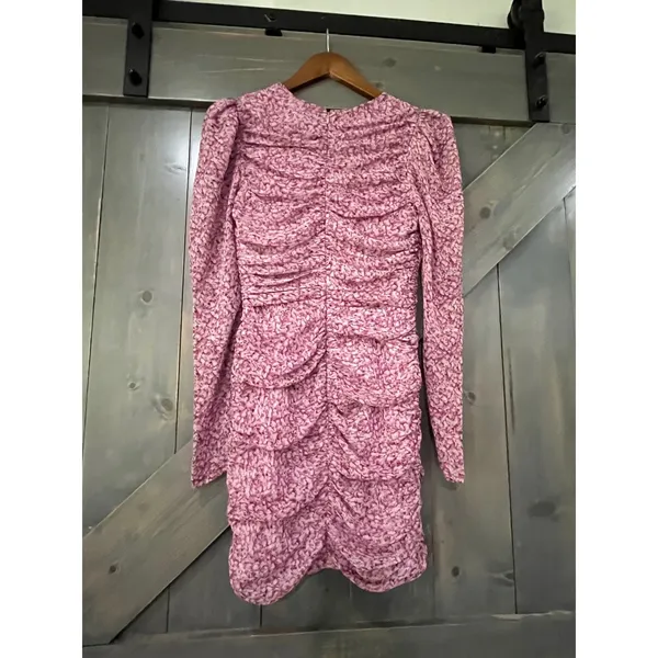 Bardot Pink Floral Ruched Mini Dress Keyhole Long Sleeve XS Fairycore Boho - Image 6