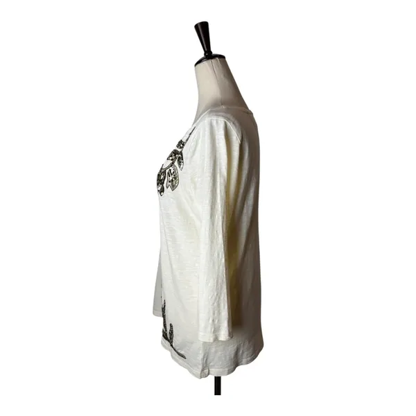 Tommy Bahama Shirt Women Small Ivory Cotton Sequins Floral‎ Tee Coastal Preppy - Image 5