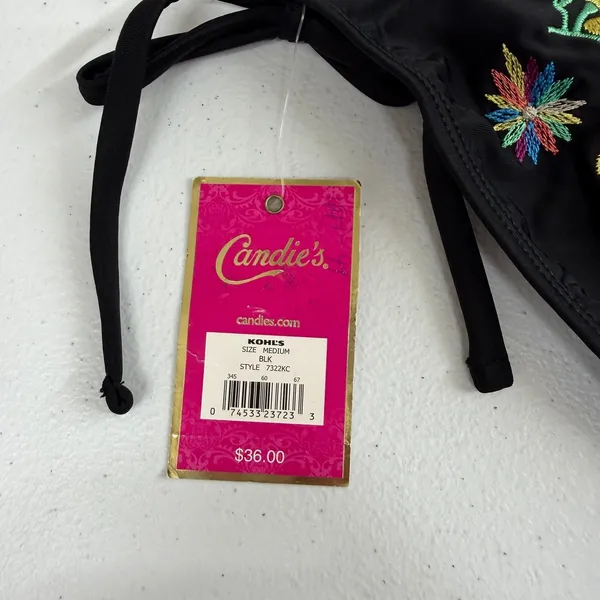 NEW‎ Candie's black floral embroidered push up tie halter bikini swimsuit set M - Image 4