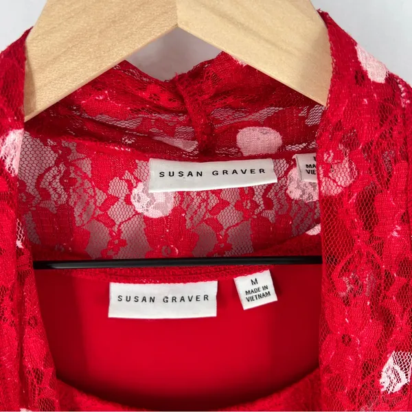 Susan Graver Red Lace White Polka Dot Scoop Neck Tank Sheer Open Cardigan‎ Set - Image 2