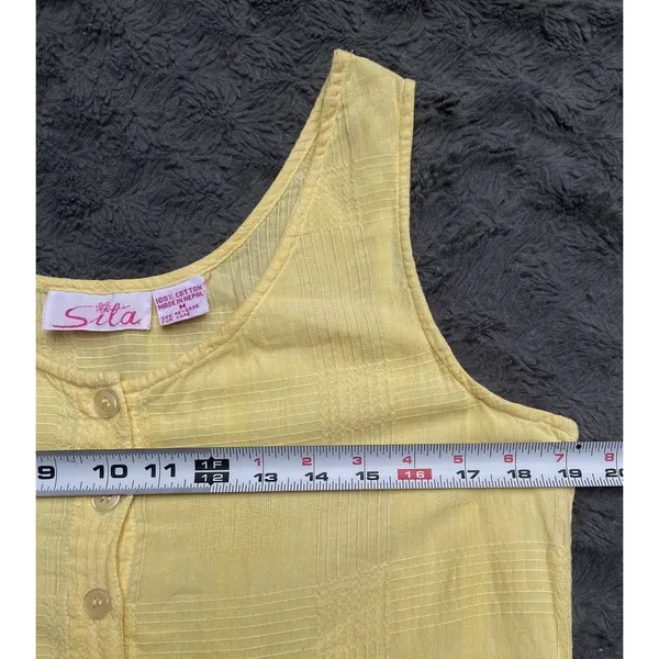 Vtg SITA Butter Yellow Sundress M Cotton Cottage Cabin Boho Plaid Texture Pocket - Image 12