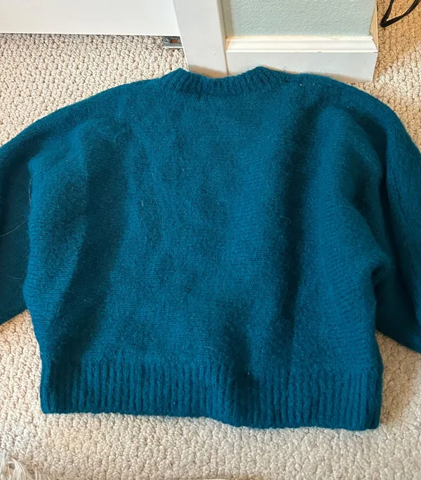 H&M Dark Green Blue Teal Fuzzy Cotton Crewneck Sweater - Image 2