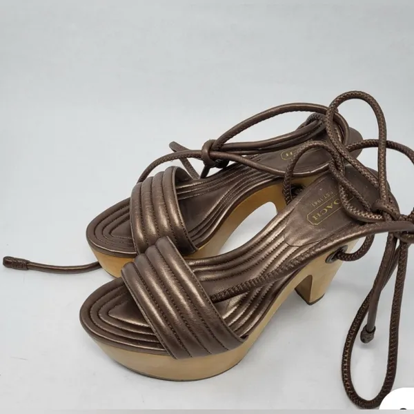 Coach Bronze Brown Leather Strappy Wooden Heel Sandals Modern Minimalist - Image 9