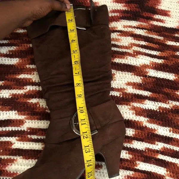 Y2K Brown Faux Suede Leather Mid Calf Boots Ruched Silver Large Chunky Buckles Round Toe Kitten Heels #western #country #boho #whimsygoth #stagecoach festival - Image 5
