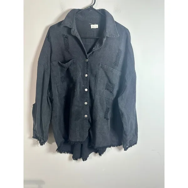 POL Washed Black‎ Distressed Denim Shacket Star Patch Frayed Hem SMT1165D Size M - Image 2