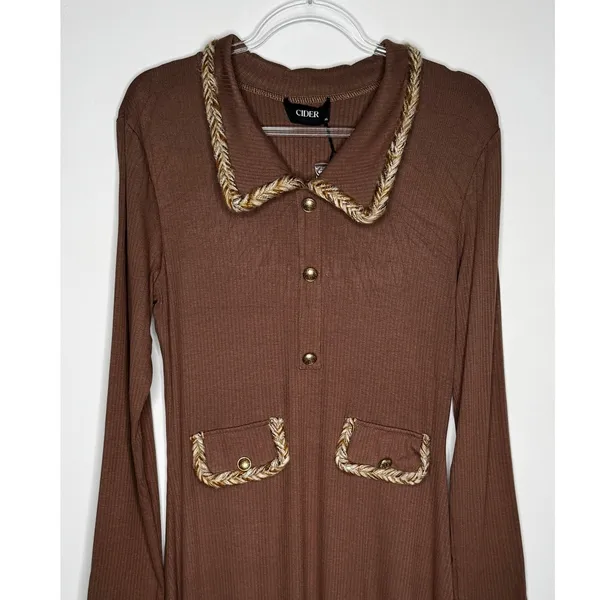 Cider 2020s Brown Ribbed Midi Dress Gold Trim Stretch NWT Large - Image 8