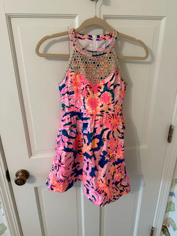 Lilly Pulitzer Girl’s Pink Floral Halter Dress with Embellished Neckline - Sz 10 - Image 2