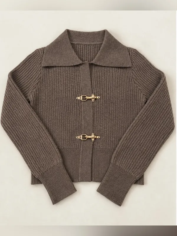 Commense Brown Ribbed Gold Clasp Collared Sweater M NWOT - Image 3
