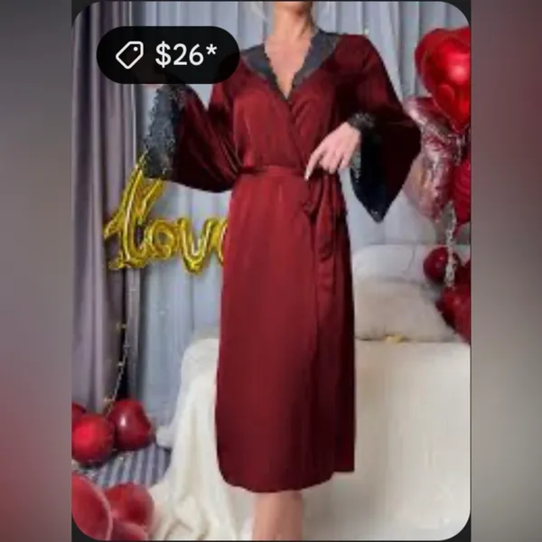 Satin Robe with Lace Trim Red Size M - Image 13