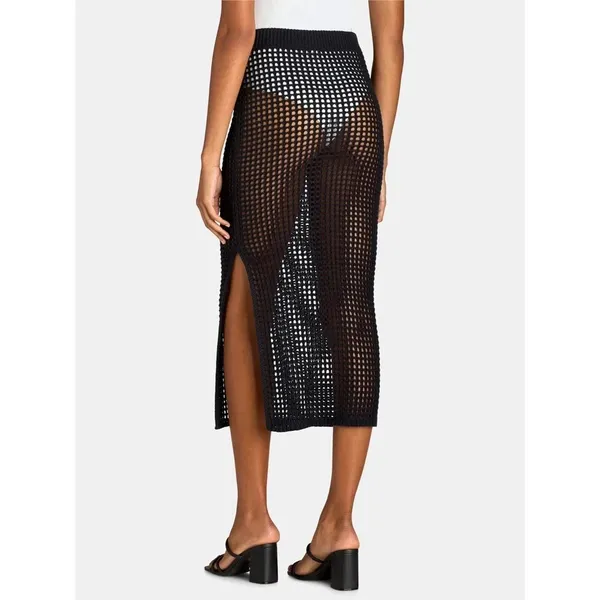 Time and Tru Womens Cover-Up Skirt Size M Black Crochet Swim Beach Split Boho - Image 4