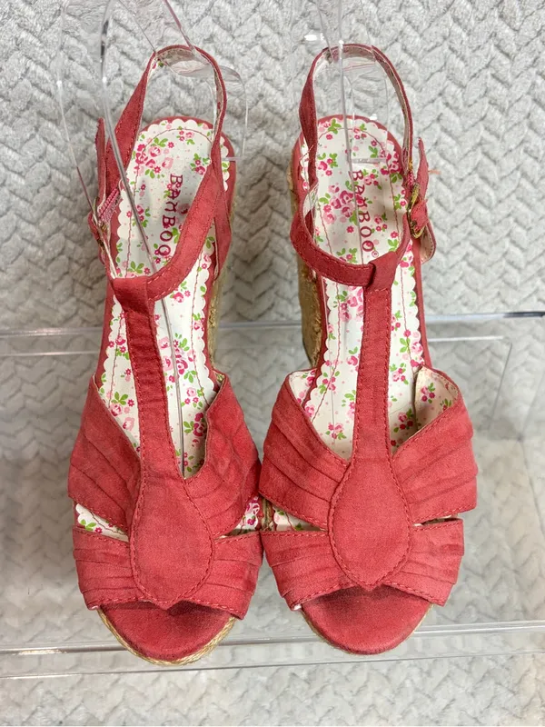 Bamboo Coral Red Espadrille Wedge Sandals 6 Floral T-Strap Cottagecore Y2K - Image 7