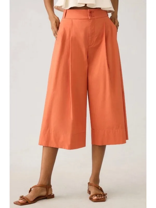 Anthropologie High Rise Wide Leg Culotte Pants Orange Pleated‎ Cropped Trousers - Image 3