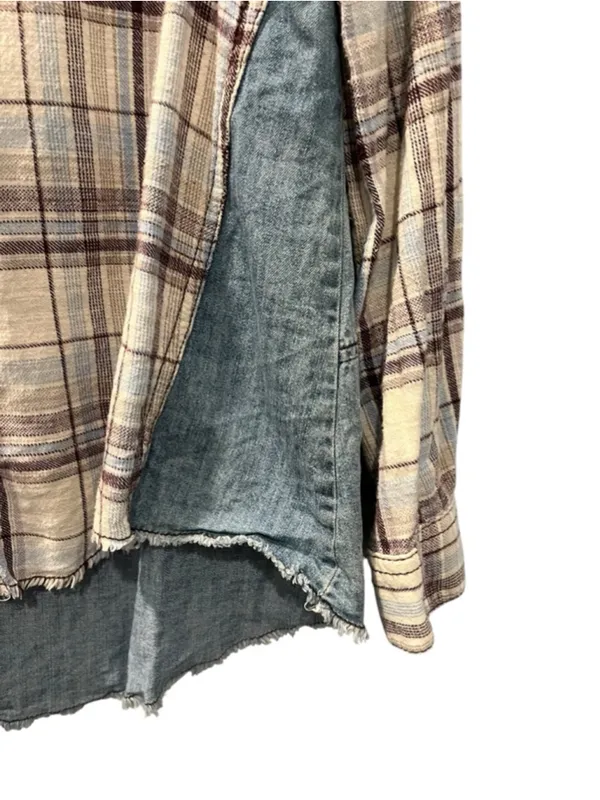 Free People Road Trip Getaway Plaid Flannel Denim Button Up Shirt Size Medium - Image 5