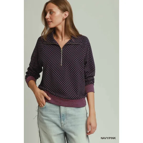 Umgee Polka Dot Half Zip Sweatshirt - Navy/Pink - Medium - Image 5