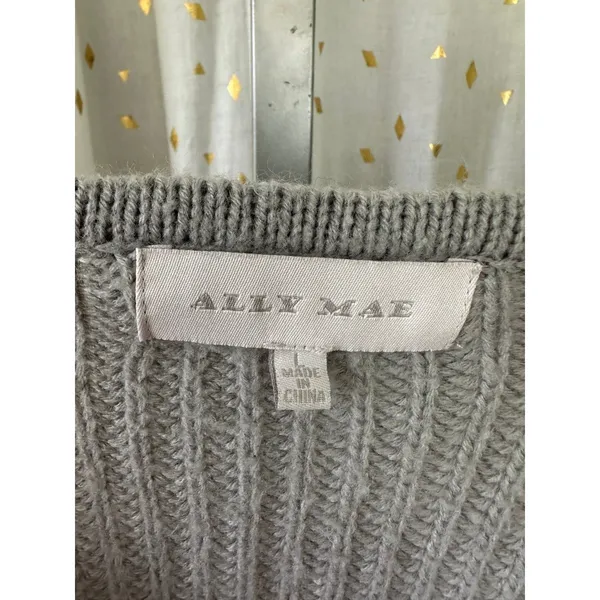 Ally Mae Gray Cable Knit Rib Stitch Button Down Balloon Long Sleeve Cardigan L - Image 5