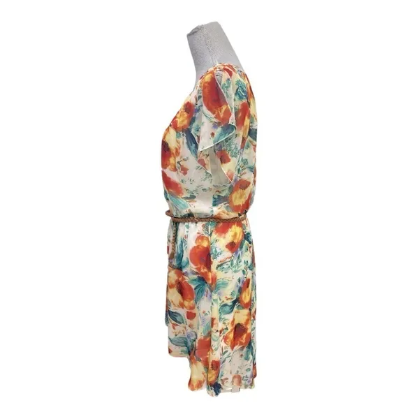 AUW FLoral Chiffon Blouson Dress Large Braided Narrow Belt - Image 3
