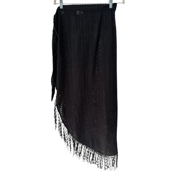 ASOS Black Crochet Fringe Tie Asymmetrical Beach Cover Up Women’s Size 6 Sarong - Image 2