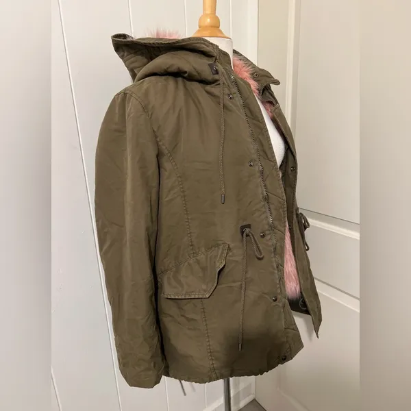Moussy Utility Army Green Pink Fur‎ Military Patchwork Jacket Parka Size 2 - Image 6