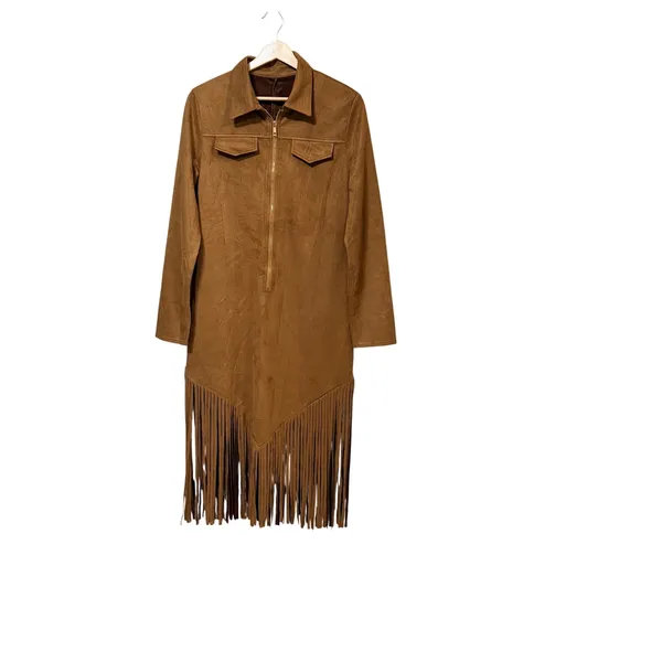 Womens Faux Suede Fringe Western Midi Dress Camel Brown Long Sleeve Size L - Image 2