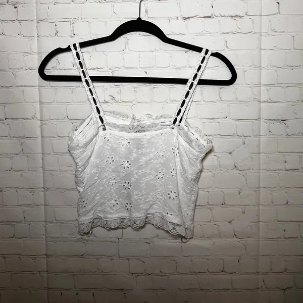 ✨Bobbi Rocco White Eyelet Lace Cami Crop‎ Top Black Ribbon Tie Detail Size S - Image 3
