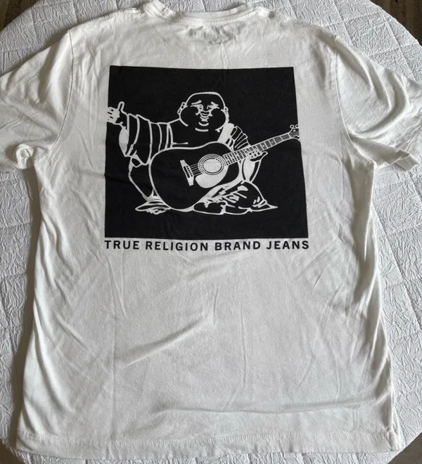 True Religion Men's White T-Shirt Buddha Guitar Back Graphic Crewneck Size L - Image 7