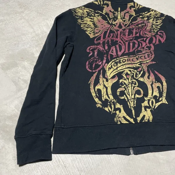 Y2K Harley Davidson Women's SZ L Sweatshirt Black Collar Applique Zip AOP - Image 11