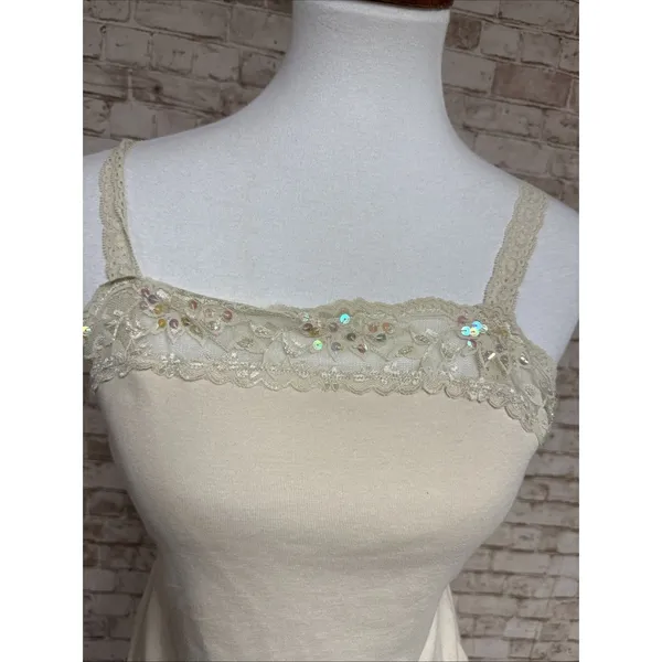 Vtg 90s Y2K Lace Trim Cami Sz‎ L Babydoll Tank Top Ivory Sequins Fairy Coquette - Image 2