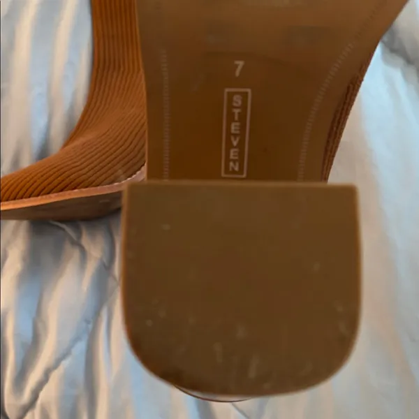 Steven cognac brown Nixie slip on 3.5” stack heeled sock Booties - Image 5