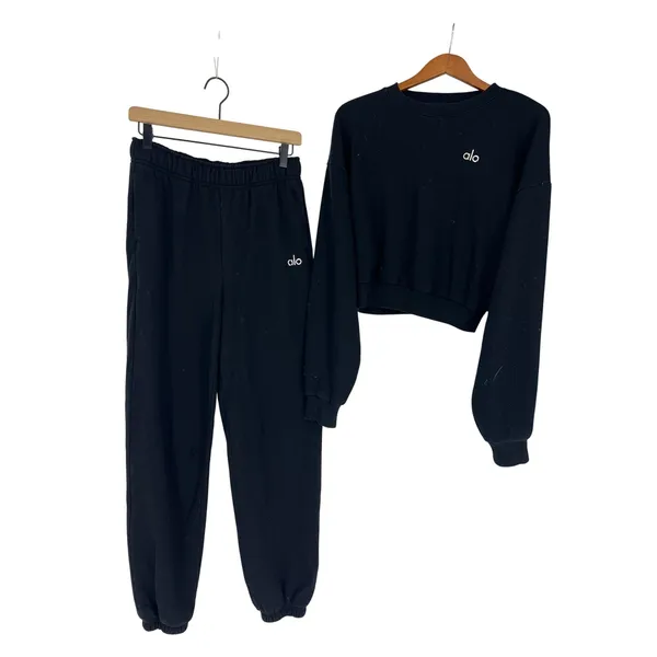 Alo Yoga Accolade Black Crewneck Jogger Sweatpants Set Estimated Small - Image 4