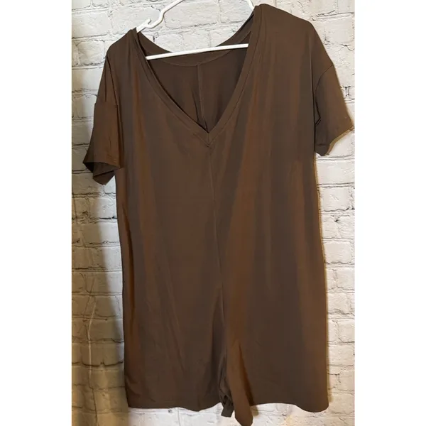 Woman’s Oversized Reversible Romper with Pockets Short Sleeve, Brown Woman’s S - Image 6