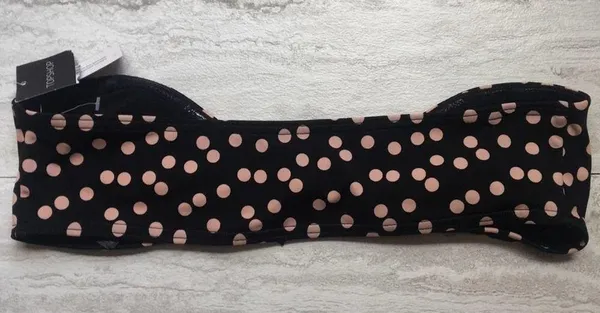 Retro Polka Dot Bikini Top Black Pink Size 6 Halter Bandeau Tie Front - Image 9