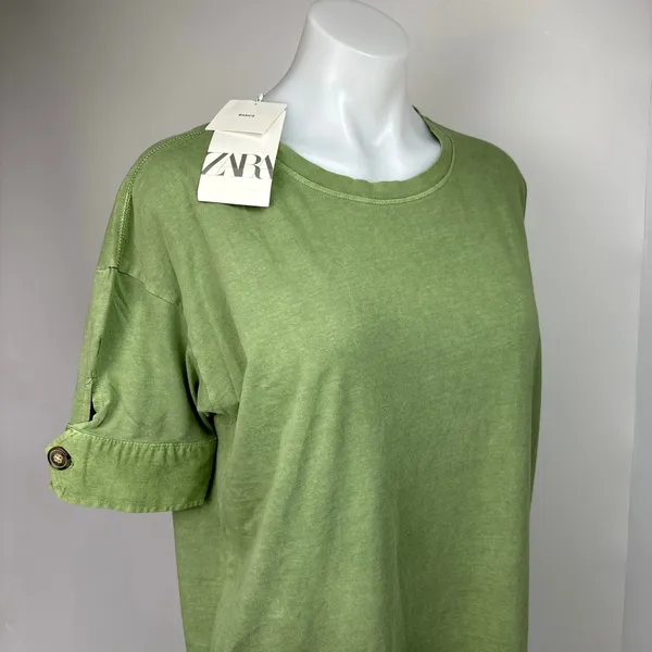 Zara NWT Green Cotton Cuffed Short Sleeve Crew Oversized T-Shirt Midi Dress Sz S - Image 4