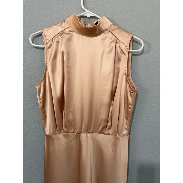New Lulus Maxi Dress S Champagne Satin Mock Neck Sleeveless Side Slit Prom Gala‎ - Image 14