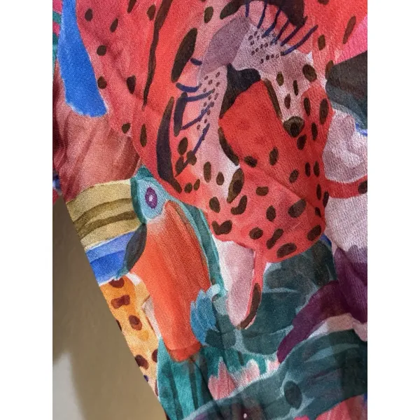 Farm Rio Animal Collage Maxi Dress Red Long Sleeves Tiered Beaded Tassels - Image 7